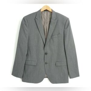 Egara Mens Blazer Jacket Gray Plaid Wool Two Button Solid Print Size 44 Short